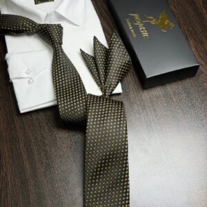 Tie & pocket square — Black & Gold · 7.5 cm