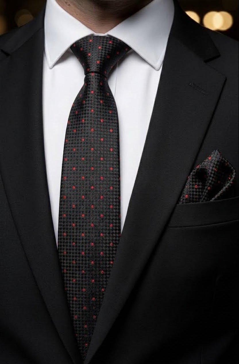 Tie & pocket square — Black · 7.5 cm