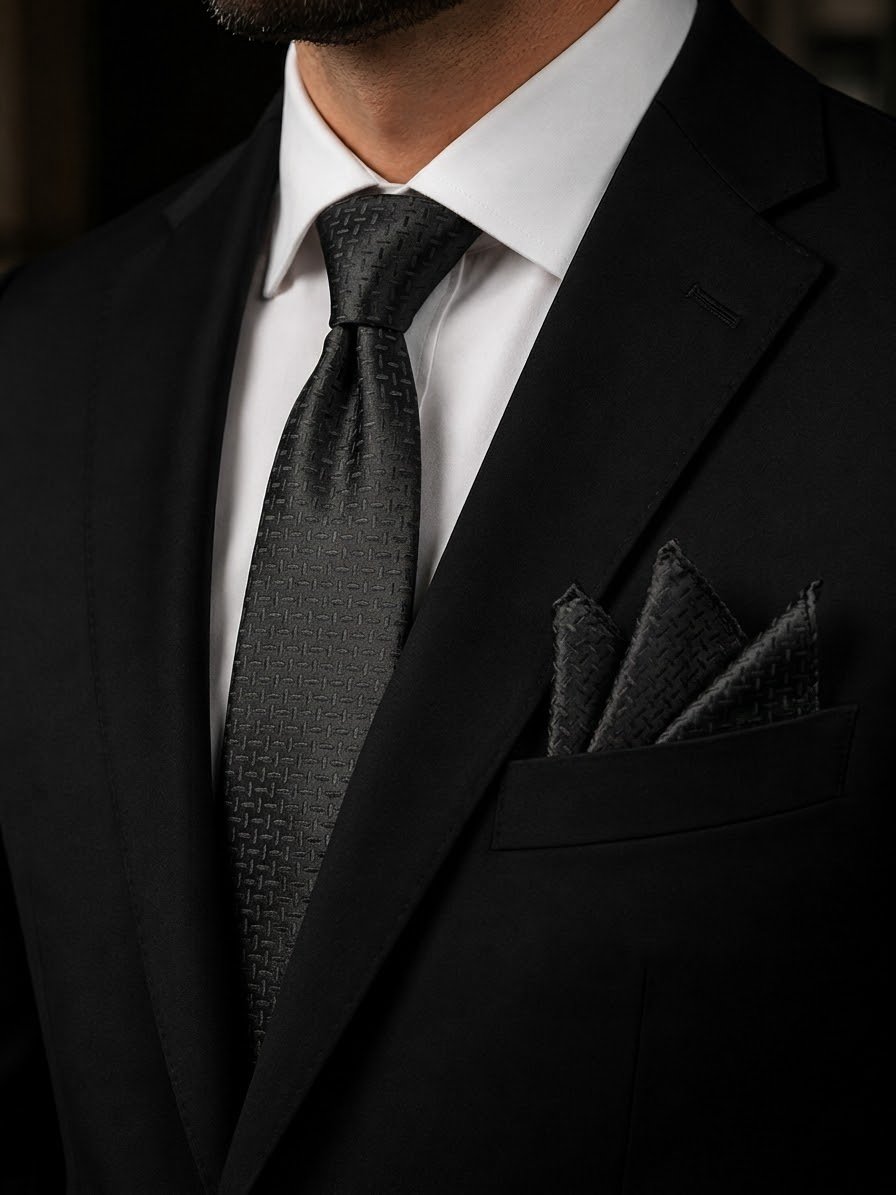 Tie & pocket square — Dark Black · 7.5 cm