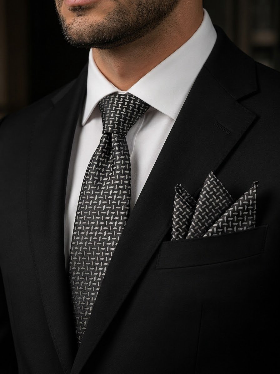 Tie & pocket square — Black · 7.5 cm