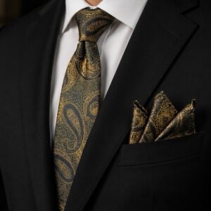 Tie & pocket square — Black & Gold · 7.5 cm