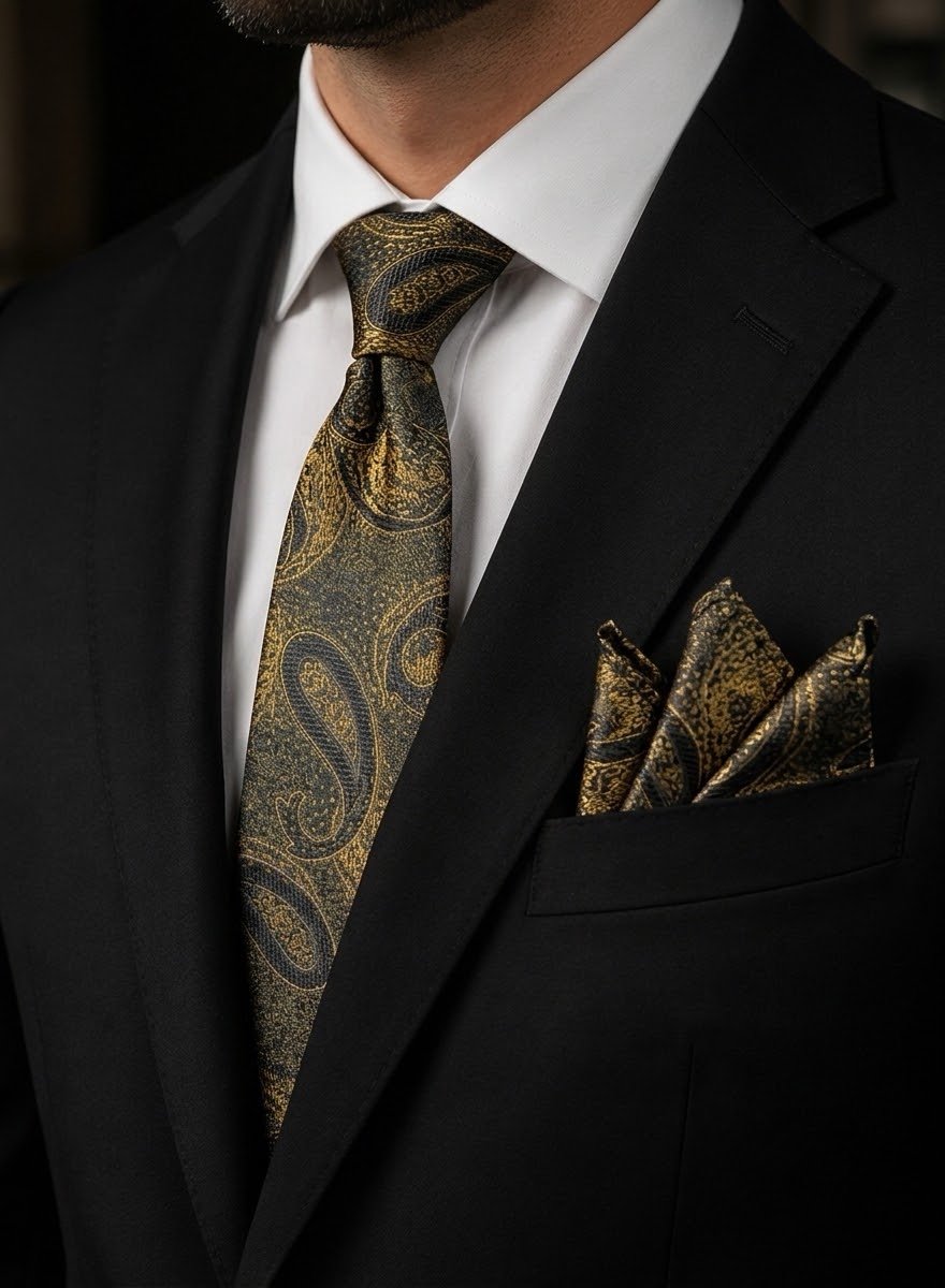 Tie & pocket square — Black & Gold · 7.5 cm