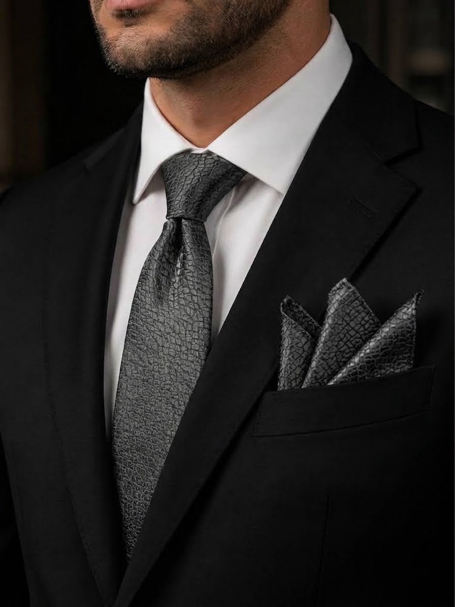 Tie & pocket square — Dark Black · 7.5 cm