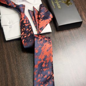 Tie & pocket square — Midnight Navy & Coral · 7.5 cm