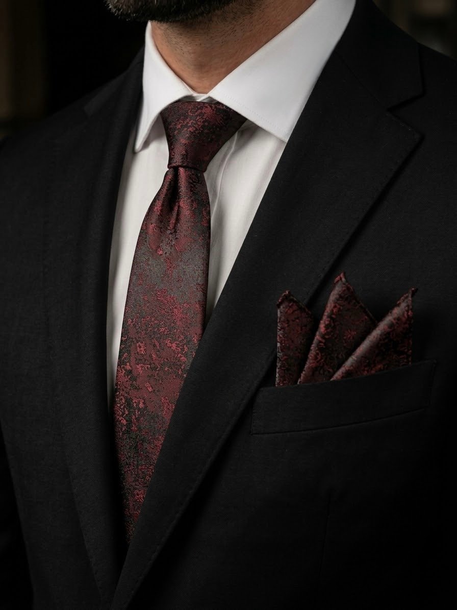 Tie & pocket square — Burgundy & Black · 7.5 cm